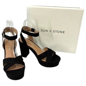 NIB Sun + Stone Lillah Black Platform Sandals Block Heel Ankle Strap Size 7